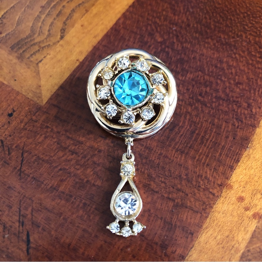 Vintage blue & clear rhinestone dangle style brooch pin